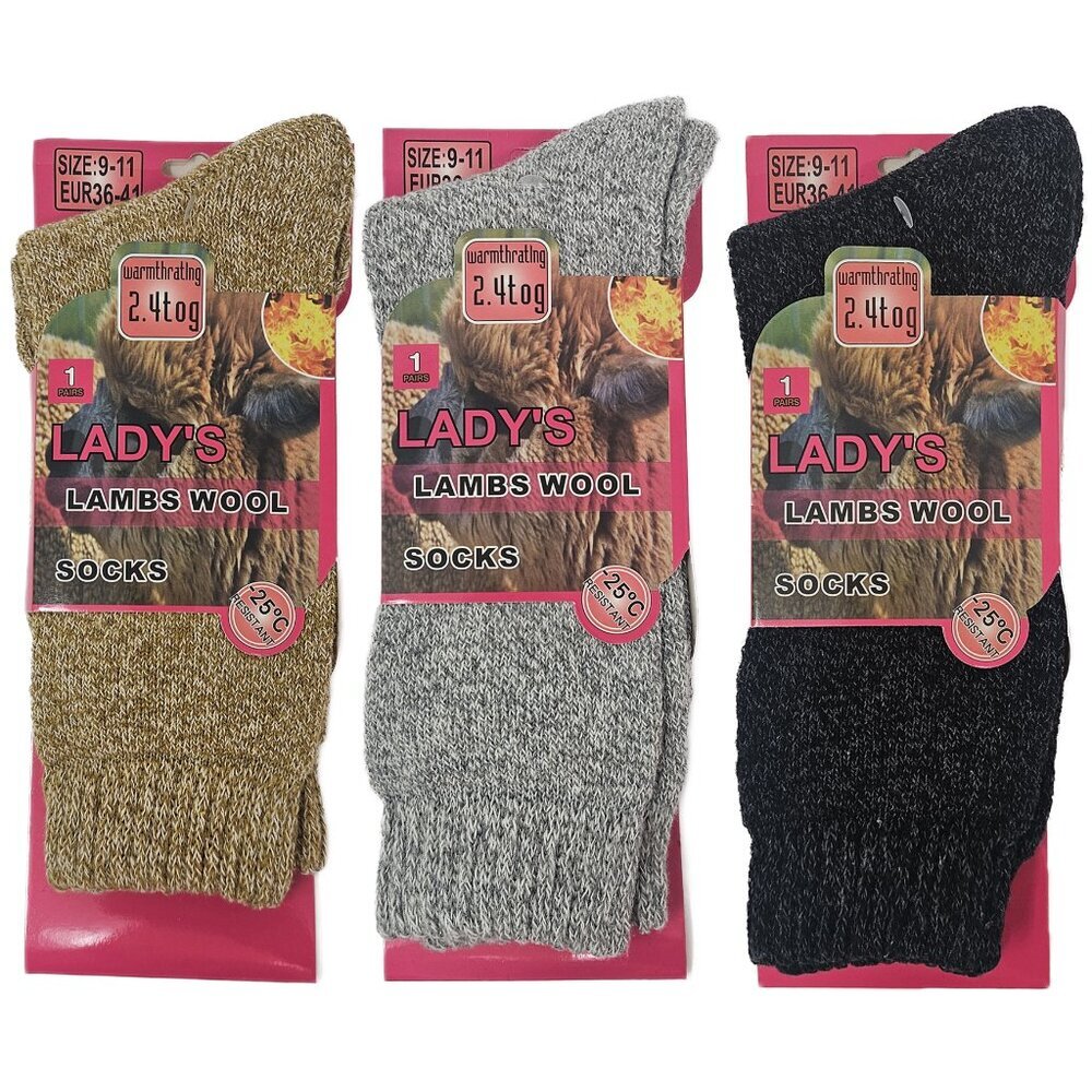 3 x Women Lamb Wool Socks, Heavy Duty Warm Boots Crew Sock Marled Pattern NEW